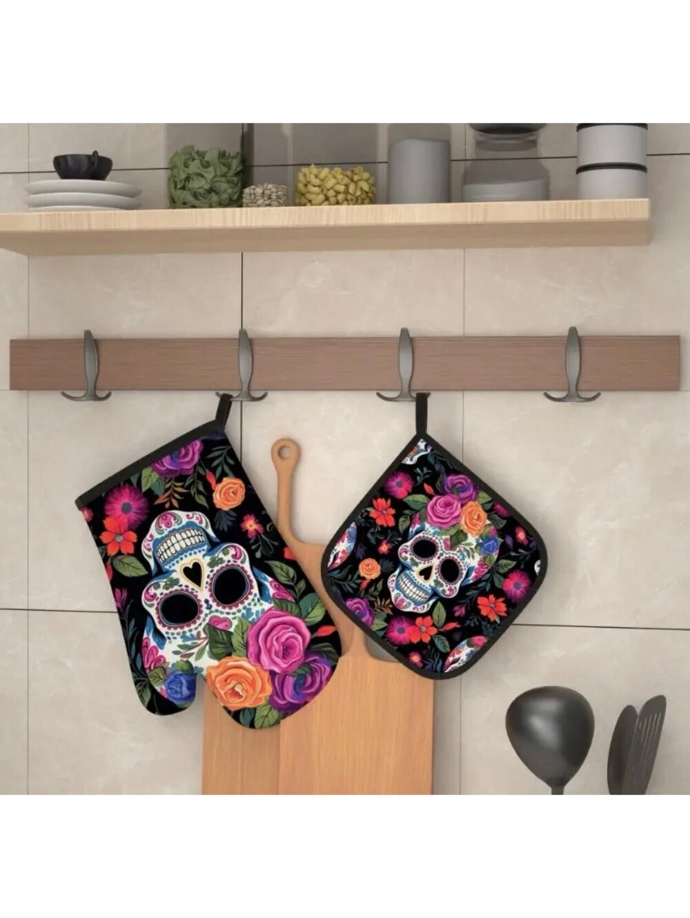 New - 2pcs Floral Skull - Oven Mitts and Pot Holders Set